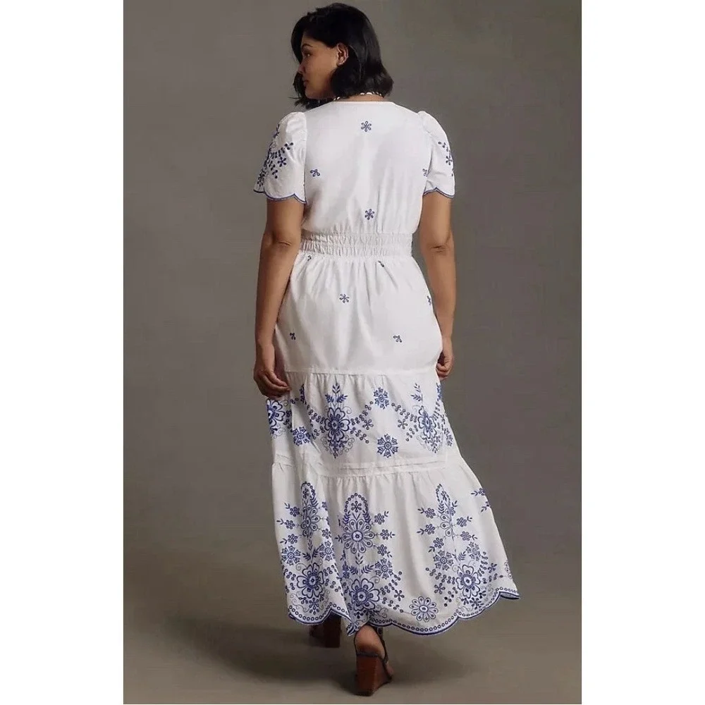 Anthropologie The Somerset Maxi Dress Womens Embroidered Eyelet Large Blue White - Picture 3 of 9